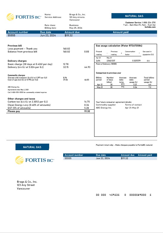 Canada British Columbia FortisBC business utility bill template (2) PSD template